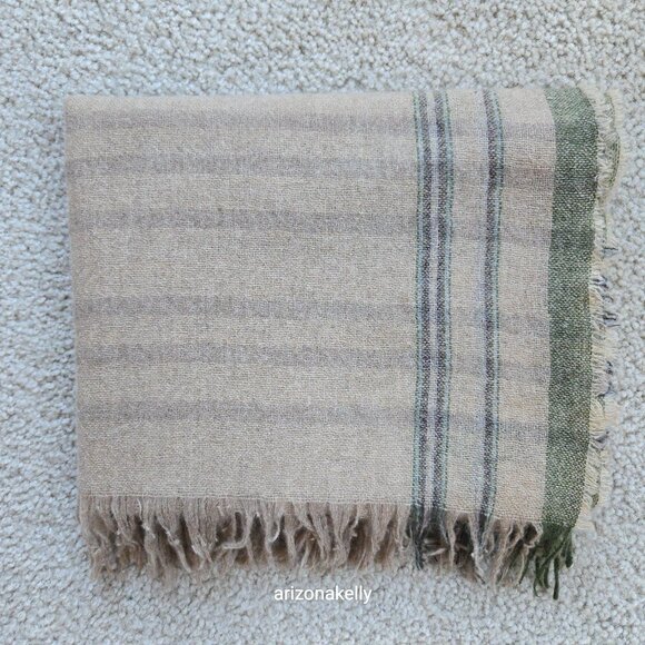 Amicale Cashmere Woven Plaid Fringe Tan Brown Green - Picture 12 of 12